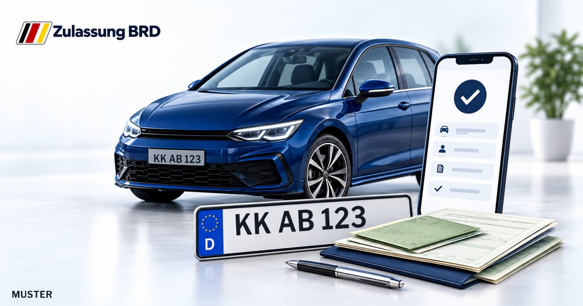 Online Fahrzeugzulassung in Niederkrüchten: Musterkennzeichen KK AB 123, Auto und Fahrzeugpapiere und Smartphone. Illustration mit Logo von Zulassung BRD.
